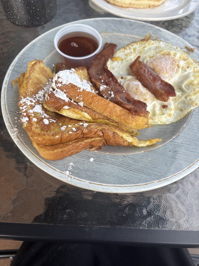 Breakfast plates on a bright café table